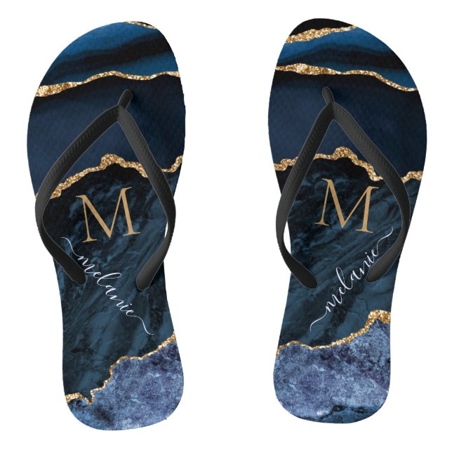Navy Blue Gold Custom Name Letter Flip Flops (Footbed)