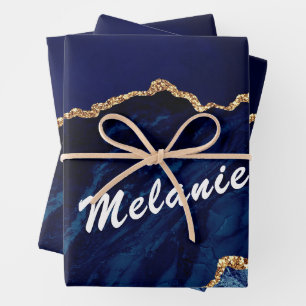 Navy Blue Gold Custom Name Wrapping Paper Sheets