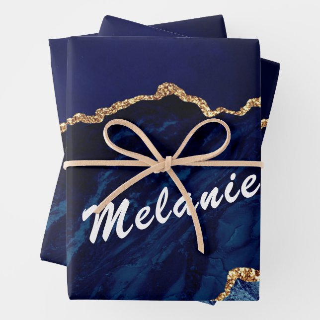 Navy Blue Gold Custom Name Wrapping Paper Sheets (In situ)