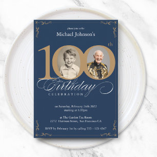 Navy Blue Gold Custom Photo 100th Birthday Party Invitation
