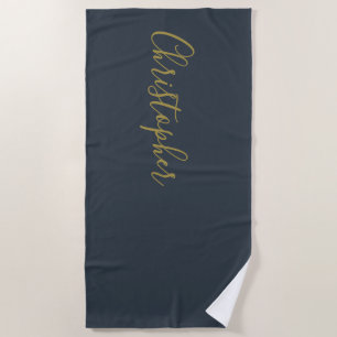 Navy Blue Gold Custom Script Name Minimalist Men Beach Towel