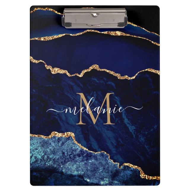 Navy Blue Gold Custom Your Letter Name Clipboard (Front)