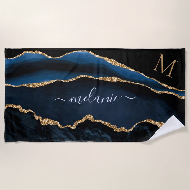 Navy Blue Gold Custom Your Name Letter Beach Towel (Front)
