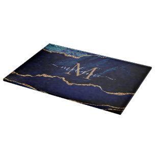 Navy Blue Gold Cutting Board Personalised Name