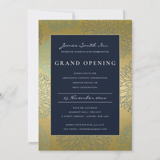 NAVY BLUE GOLD DAHLIA FLORAL GRAND OPENING INVITE (Front)