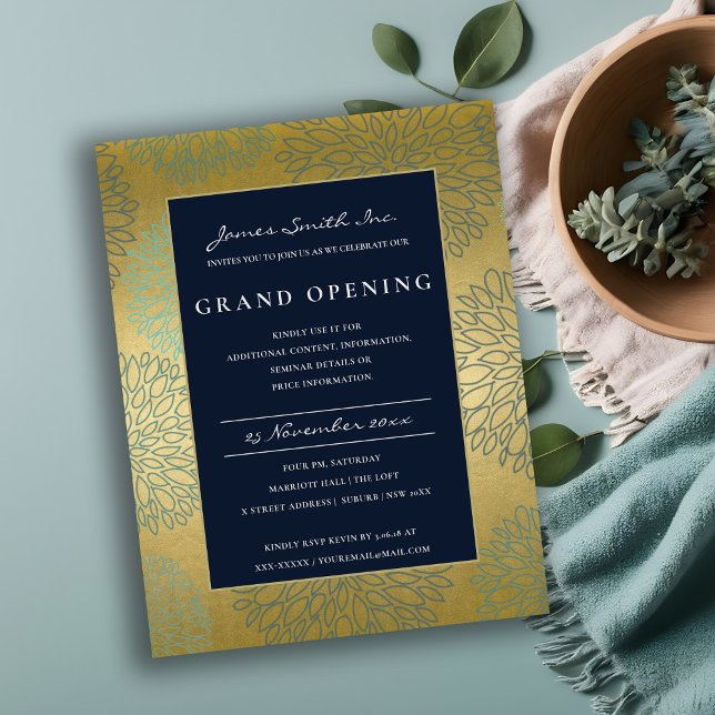 NAVY BLUE GOLD DAHLIA FLORAL GRAND OPENING INVITE POSTCARD (Creator Uploaded)