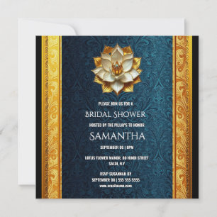 Navy Blue Gold Damask Bridal Shower Holiday Card