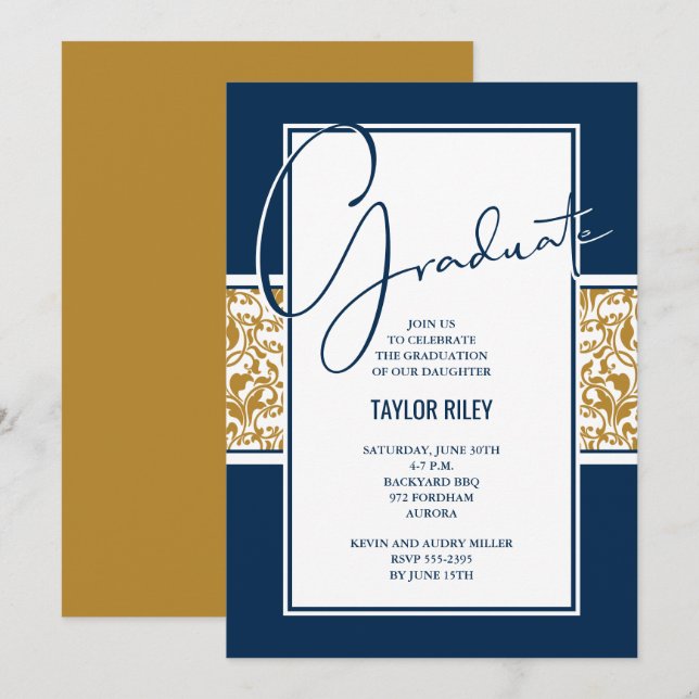 Navy Blue Gold Damask Graduation Invitation (Front/Back)