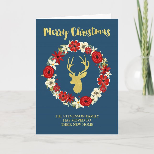Navy Blue Gold Deer Wreath Christmas New Address Holiday Card (Front)