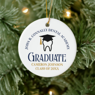 Navy Blue Gold Dental School Graduation Christmas Ceramic Tree Decoration