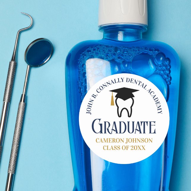 Navy Blue Gold Dental School Graduation Custom Classic Round Sticker (Creator Uploaded)