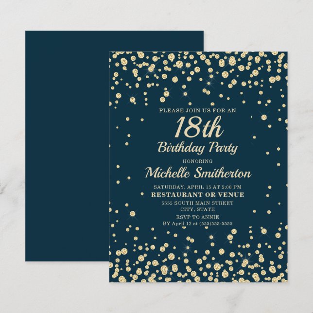Navy Blue Gold Diamond Glitter Women 18th Birthday Card (Front/Back)