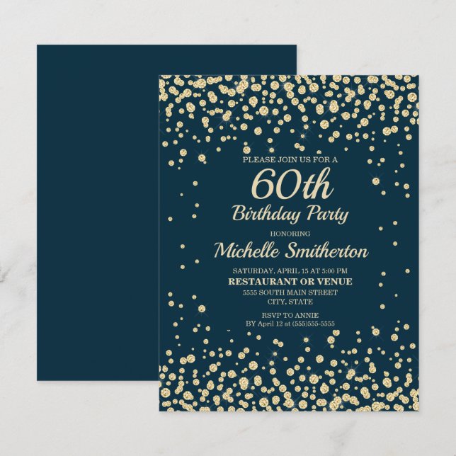 Navy Blue Gold Diamond Glitter Women 60th Birthday Card (Front/Back)