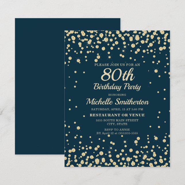 Navy Blue Gold Diamond Glitter Women 80th Birthday Card (Front/Back)