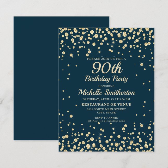 Navy Blue Gold Diamond Glitter Women 90th Birthday Card (Front/Back)