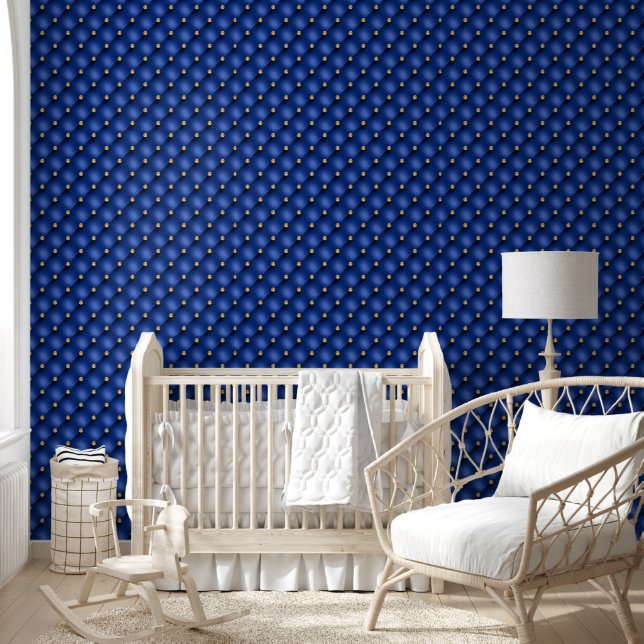 Navy Blue Gold Diamond Tufted Wallpaper (Kids)