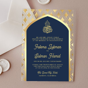 Navy Blue Gold Diamonds Arch Muslim Wedding Acrylic Invitations
