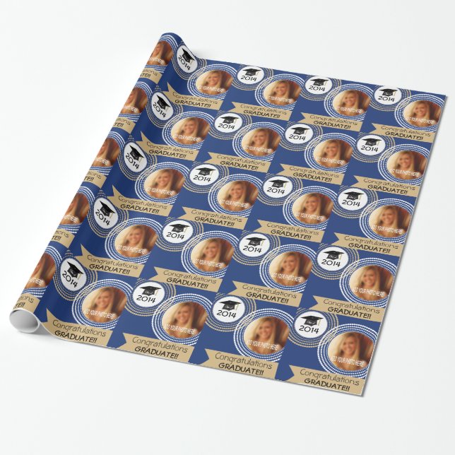 Navy Blue & Gold Dotted Circles Photo Graduation Wrapping Paper (Unrolled)