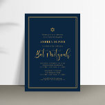 Navy Blue & Gold Double Frame Script Bat Mitzvah Invitation<br><div class="desc">Celebrate Bar Mitzvah with this modern,  elegant invitation,  featuring your custom text. Easily add your own details by clicking on the "personalise" option.</div>