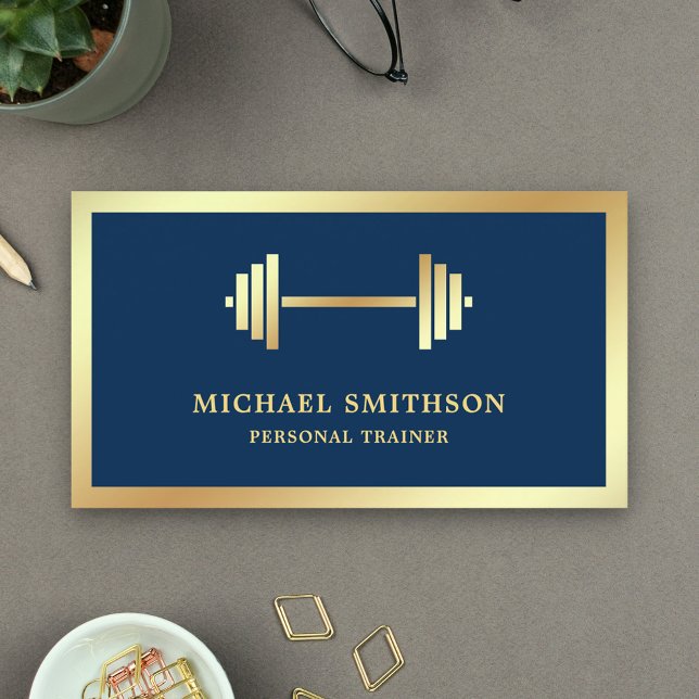 Navy Blue Gold Dumbbell Fitness Personal Trainer Business Card (Creator Uploaded)