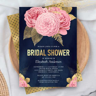 Navy Blue Gold Dusty Pink Floral Bridal Shower Invitation