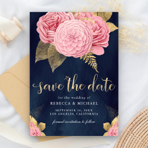 Navy Blue Gold Dusty Pink Floral Wedding Save The Date