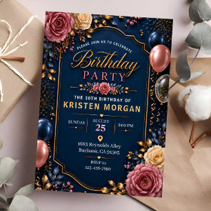 Navy Blue & Gold Elegant 30th Birthday Invitation