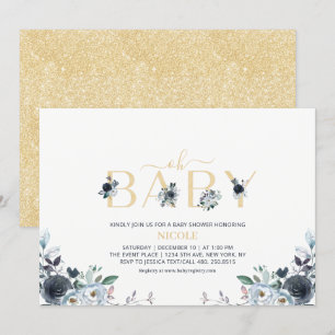 Navy Blue & Gold Elegant Boho Floral Baby Shower Invitation