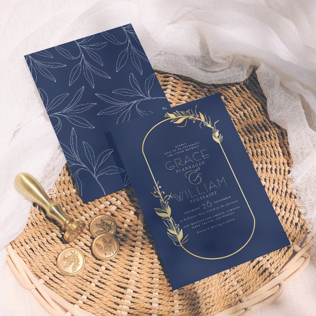 Navy Blue & Gold Elegant Botanical Frame Wedding Invitation (Creator Uploaded)