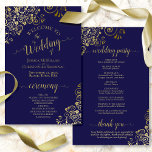 Navy Blue & Gold Elegant Budget Wedding Program<br><div class="desc">These wedding programs are elegant and tasteful, while still being budget friendly. The design features ornate golden faux foil curls and swirls with gold text on a navy blue background. The typography features lacy script calligraphy, and there is room for details on the ceremony, the bridal party, and a short...</div>