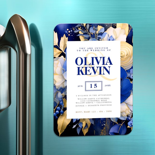Navy Blue & Gold Elegant Floral Watercolor Wedding Magnet (Creator Uploaded)