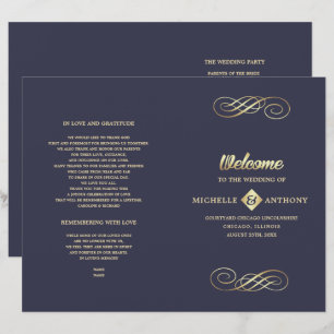 Navy Blue Gold Elegant Folded Wedding Program
