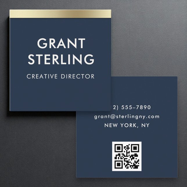 Navy Blue Gold Elegant Minimal Typography QR Code Square Business Card (Creator Uploaded)
