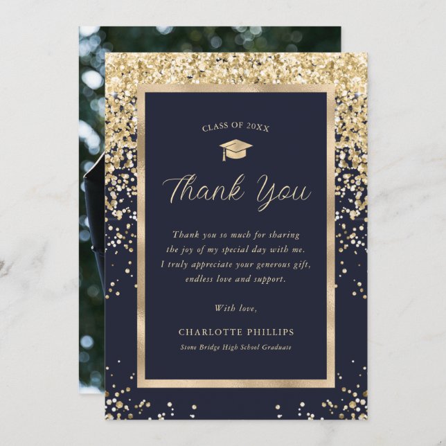 Navy Blue Gold Elegant Modern Photo Graduation Thank You Card (Front/Back)