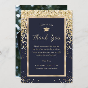 Navy Blue Gold Elegant Modern Photo Graduation Thank You Card