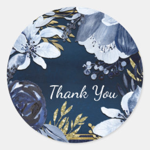Navy Blue & Gold Elegant Modern Watercolor Floral Classic Round Sticker