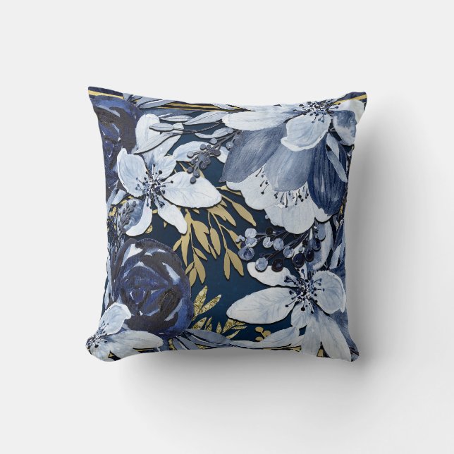 Navy Blue & Gold Elegant Modern Watercolor Floral Cushion (Front)