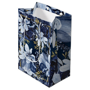 Navy Blue & Gold Elegant Modern Watercolor Floral Medium Gift Bag