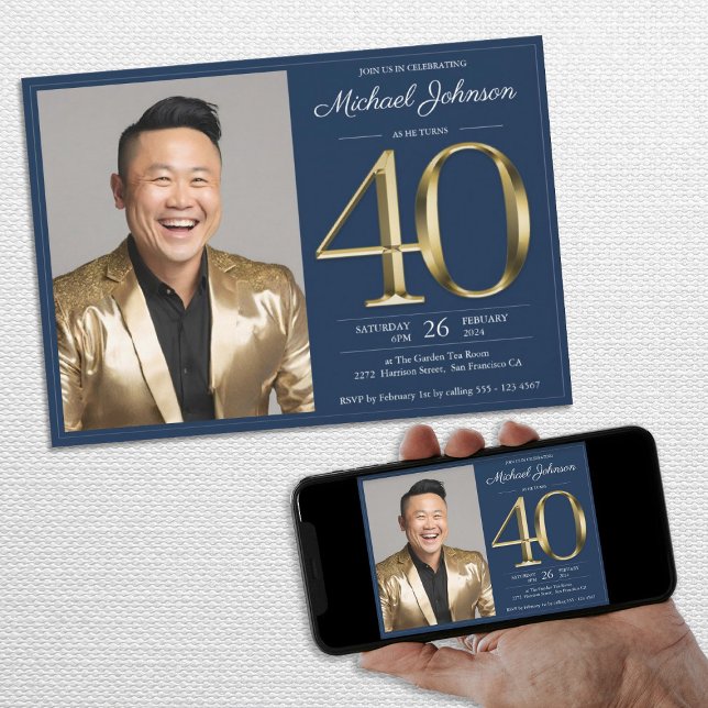 Navy Blue Gold Elegant Photo 40th Birthday Party Invitation (Navy Blue Gold Elegant Photo 40th Birthday Party Invitation)
