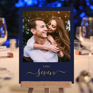 Navy Blue Gold Elegant Script Photo Table Number