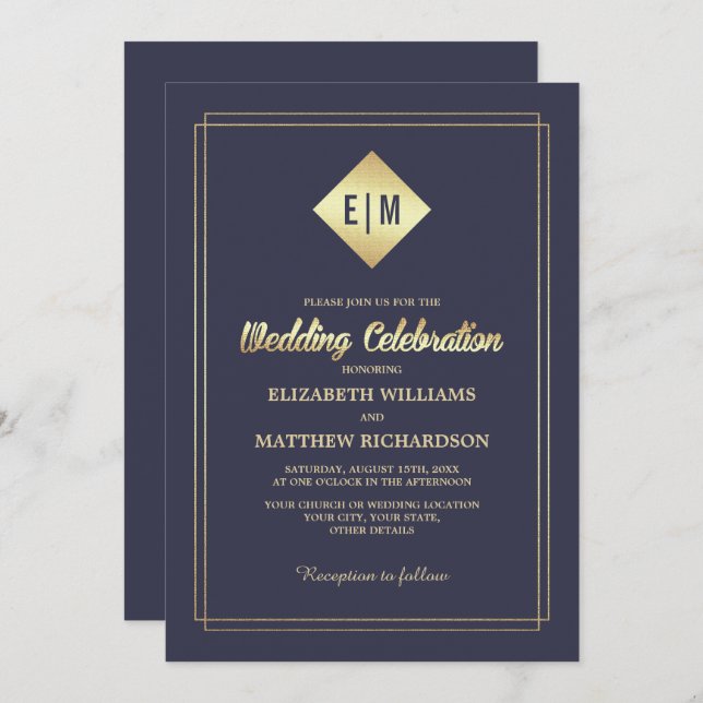 Navy Blue | Gold Elegant Wedding Invitation (Front/Back)