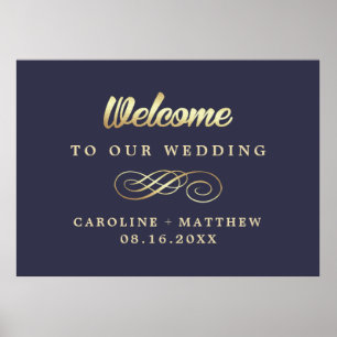 Navy Blue Gold Elegant Wedding Welcome Sign