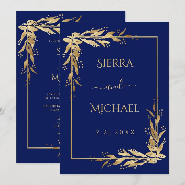 Navy Blue | Gold Eucalyptus Foliage Wedding Invitation (Front/Back)