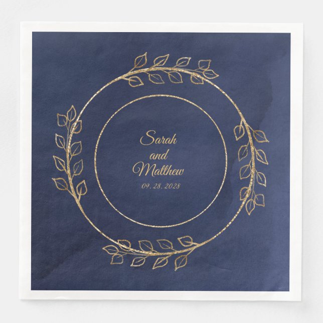 Navy Blue & Gold Eucalyptus Wedding Napkin (Front)