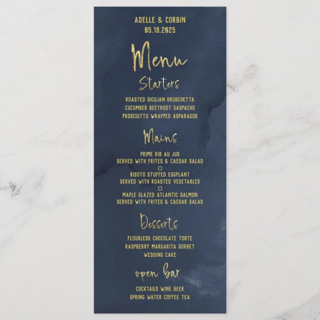 Navy Blue & Gold Fancy Calligraphy Script Wedding Menu (Front)