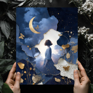 Navy Blue Gold Fantasy Night Sky Wall Art Print