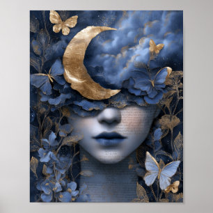Navy Blue Gold Fantasy Surreal Moon Woman Wall Art