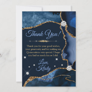Navy Blue & Gold Faux Glitter Agate Quinceañera Thank You Card