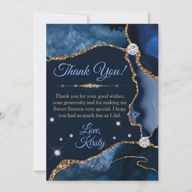 Navy Blue & Gold Faux Glitter Agate Sweet 16 Thank You Card (Front)