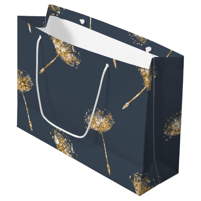 Navy Blue Gold Faux Glitter Dandelion Flowers Large Gift Bag (Front Angled)